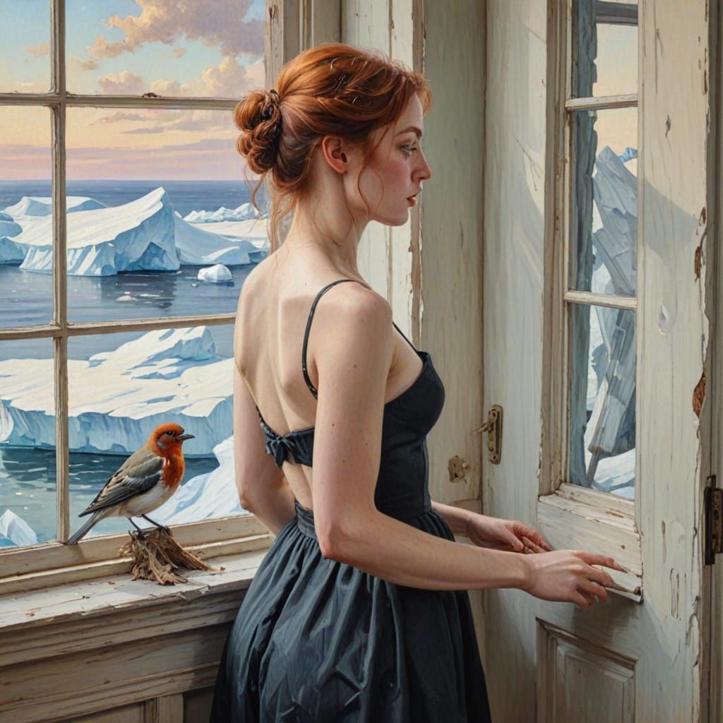 American Realist Painting of Woman with Iceberg