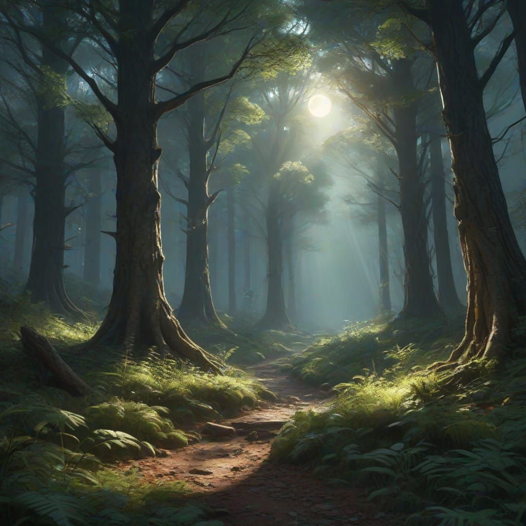 Dreamlike Forest Under Moonlight in Cinematic Volumetric Sty...