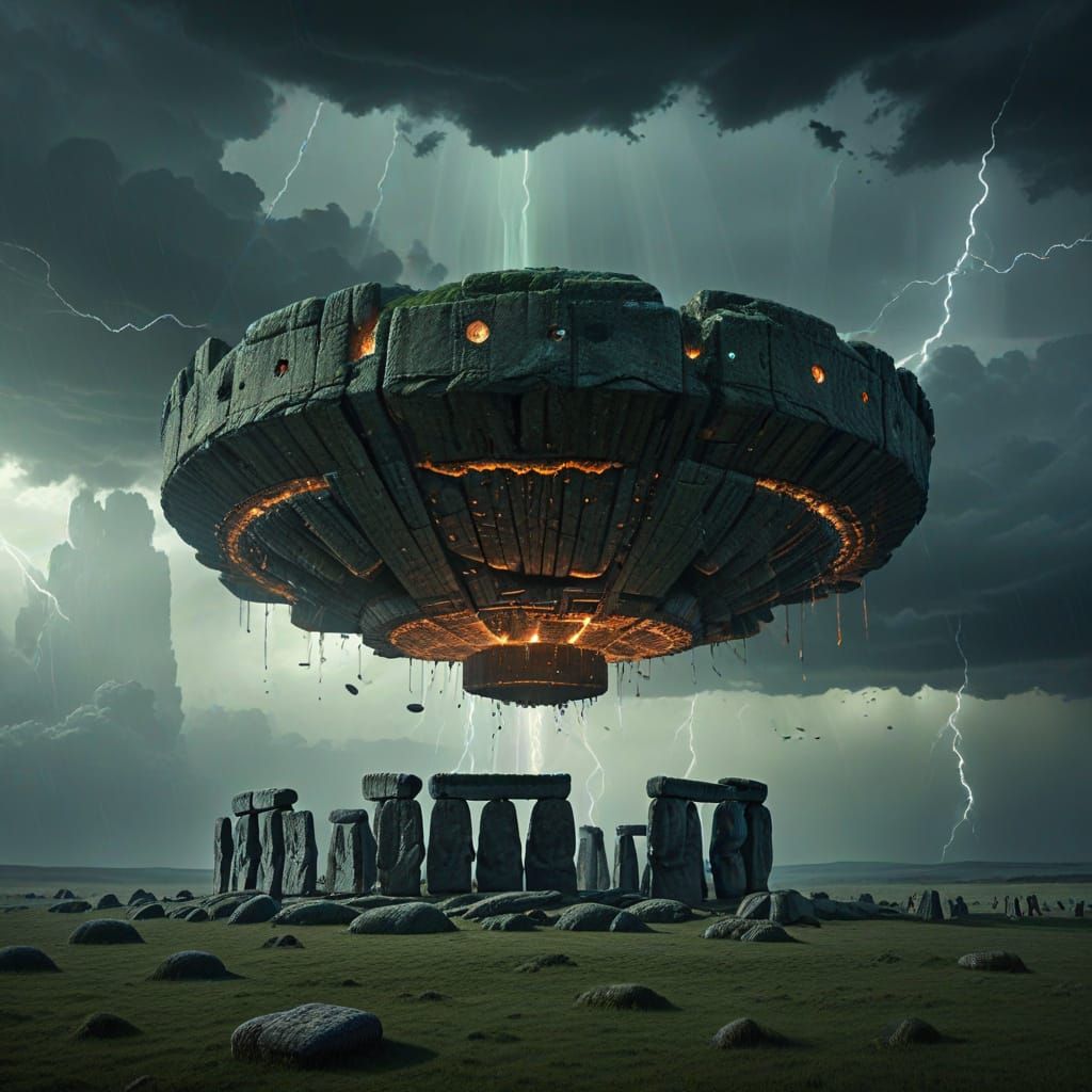 Alien Ship Over Stonehenge in Stormy Digital Matte Painting
