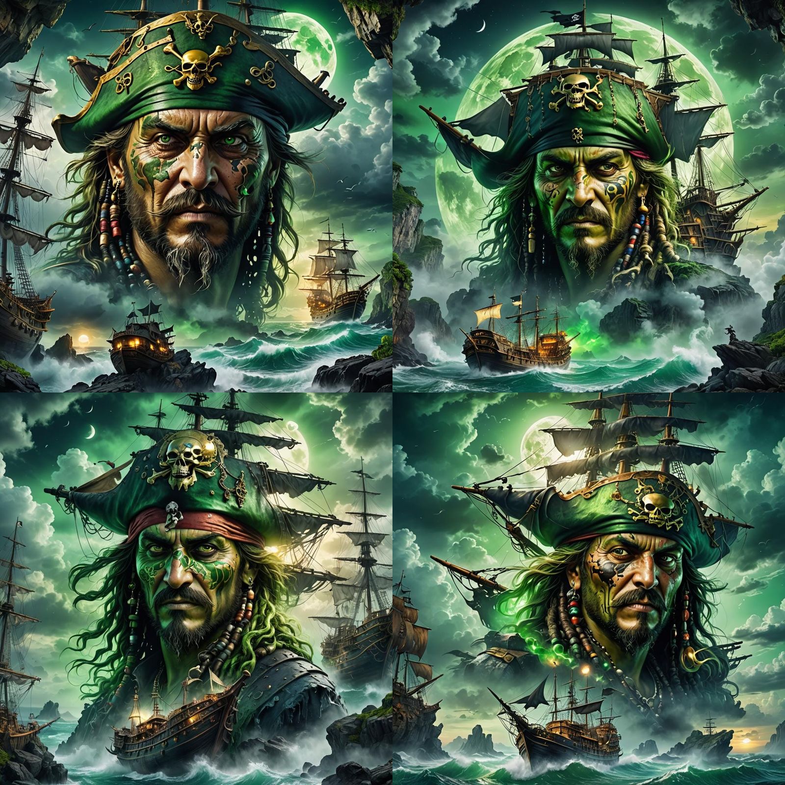 Pirate Double Exposure with Fantasy Ship, Airbrush Style