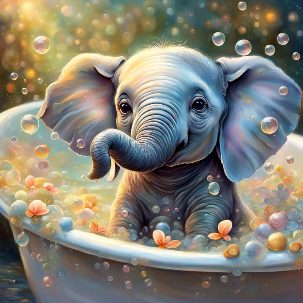 Cute Elephant's Bubble Bath: Ethereal Fantasy Art
