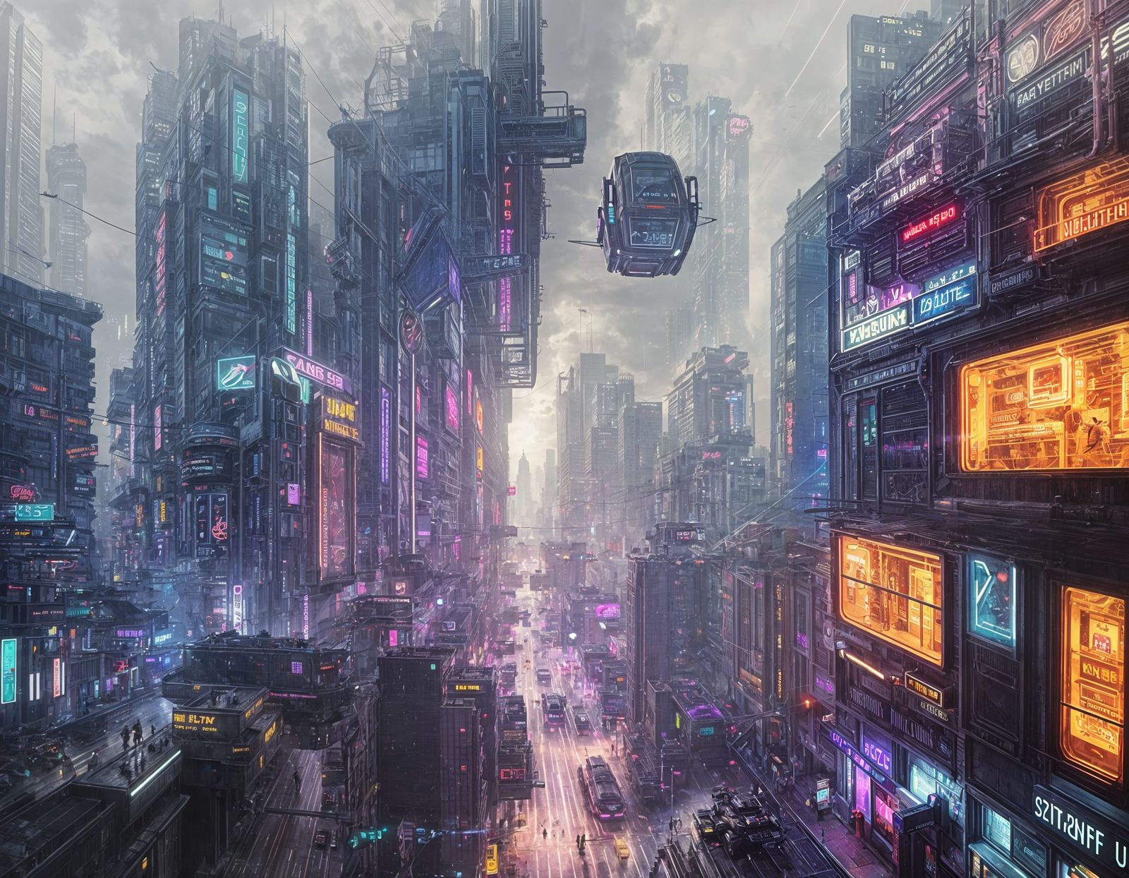 Cyberpunk City Street at Night with Flying Cars