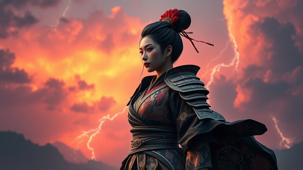 Geisha Warrior with Cubist Tattoo in Ethereal Storm