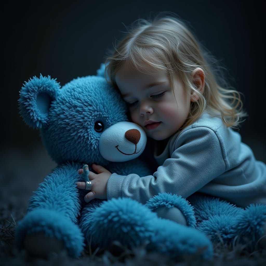 Blue Teddy Bear Embracing a Young Girl in a Hyperrealistic S...