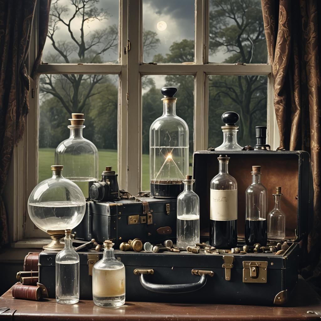 Antique Suitcase with Floating Flasks in Detailed Matte Pain...