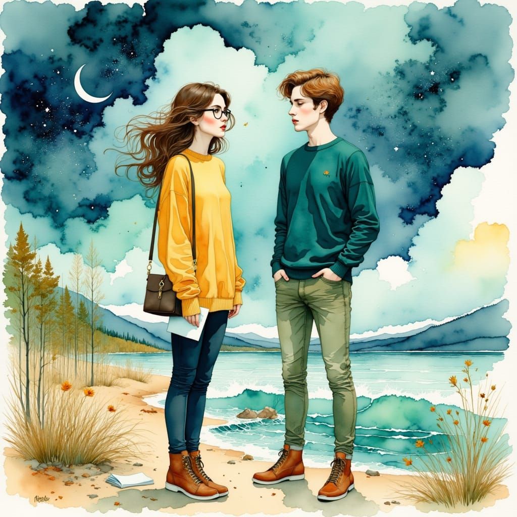 Dreamy Watercolor of a Woman Lost in a Surreal Landscape