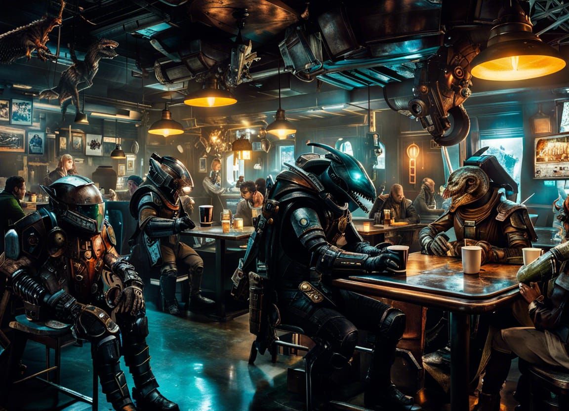 Cyberpunk Cafe Scene with Space Beasts and Mech Knights
