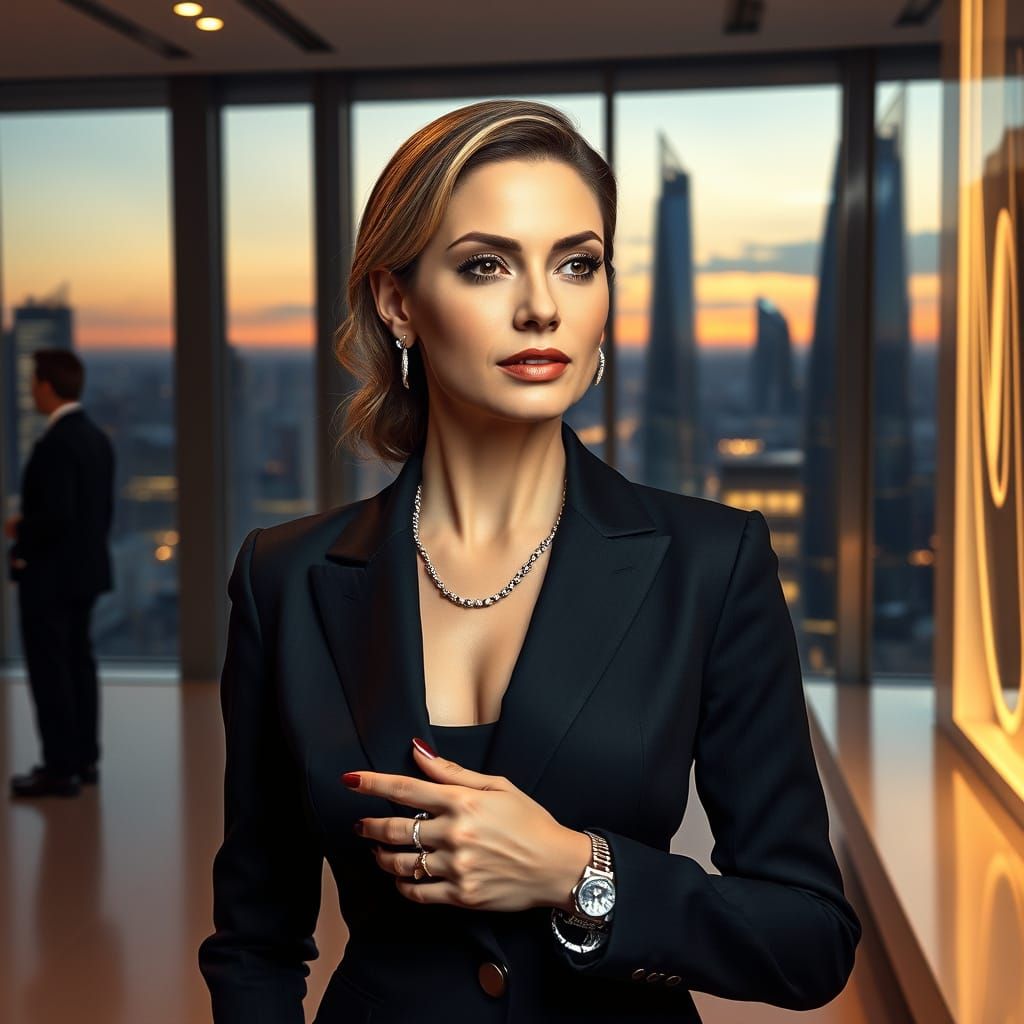 Businesswoman Overlooking Futuristic Cityscape at Dusk