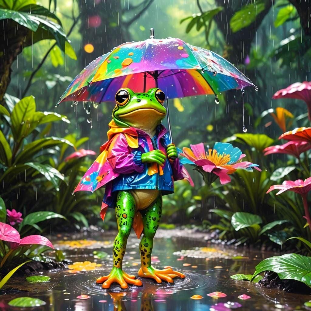 Lisa Frank Frog in Rainy Fantasy World