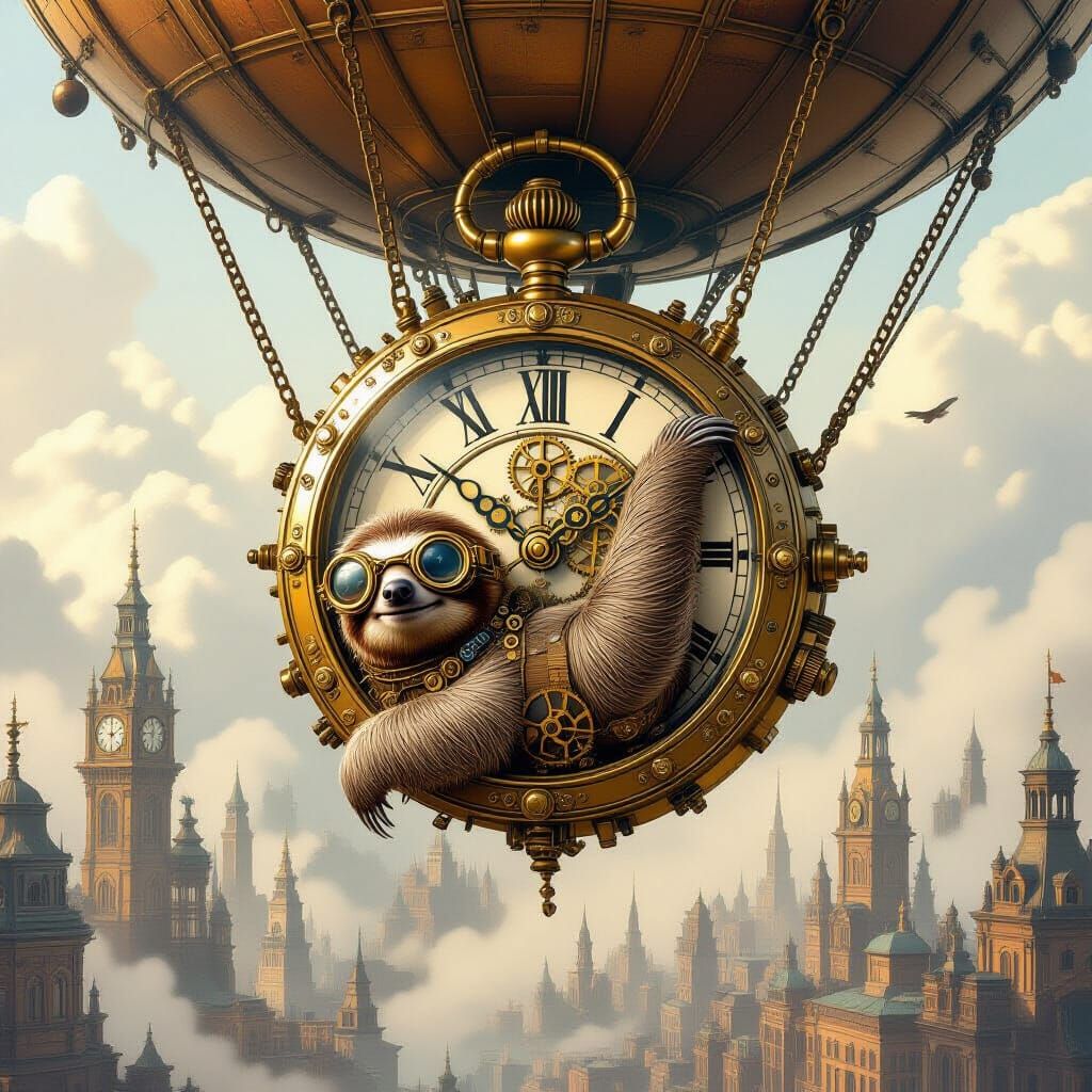Steampunk Sloth Hangs from Pocket Watch Over Victorian City