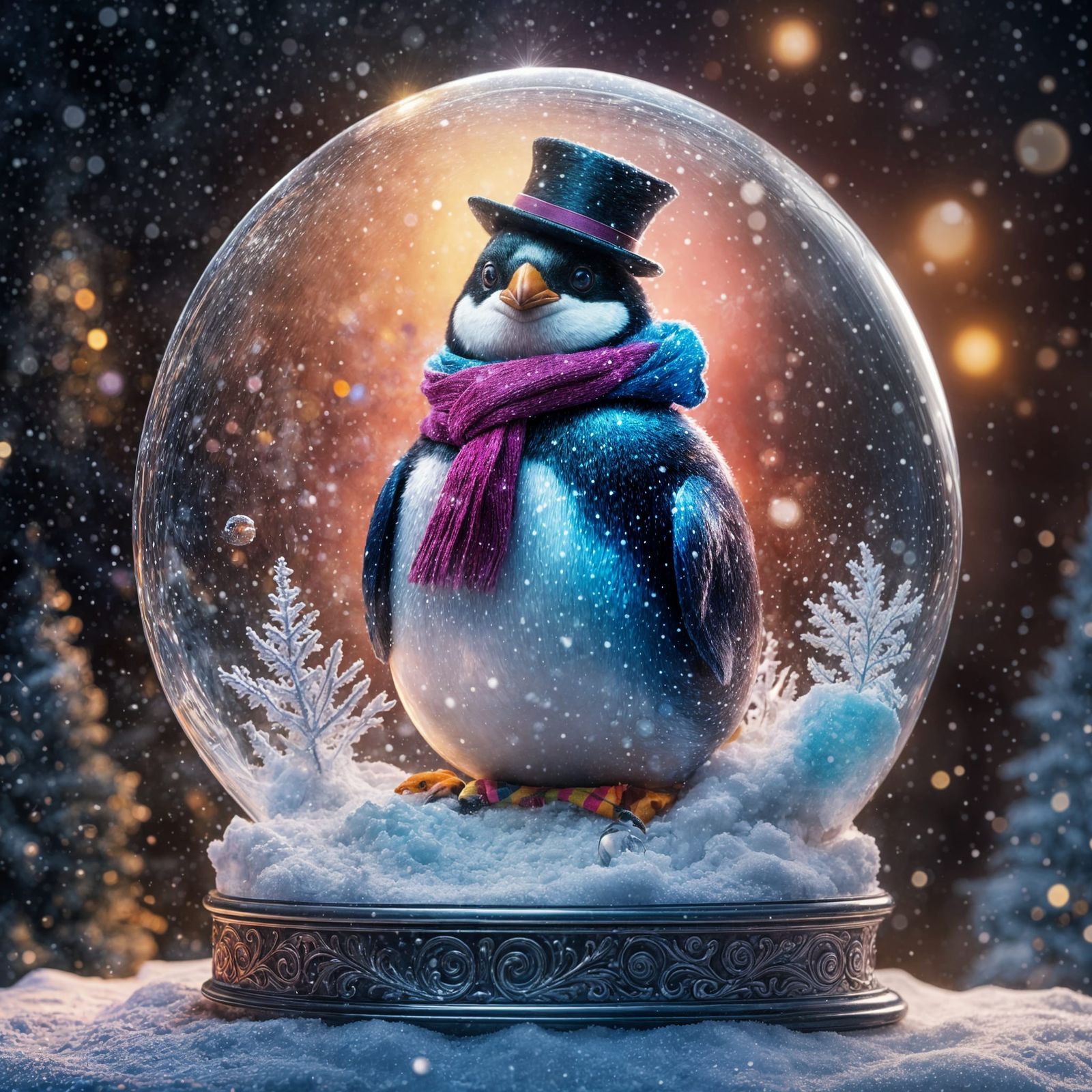 Penguin in Snow Globe: Cosmic Astral Illustration