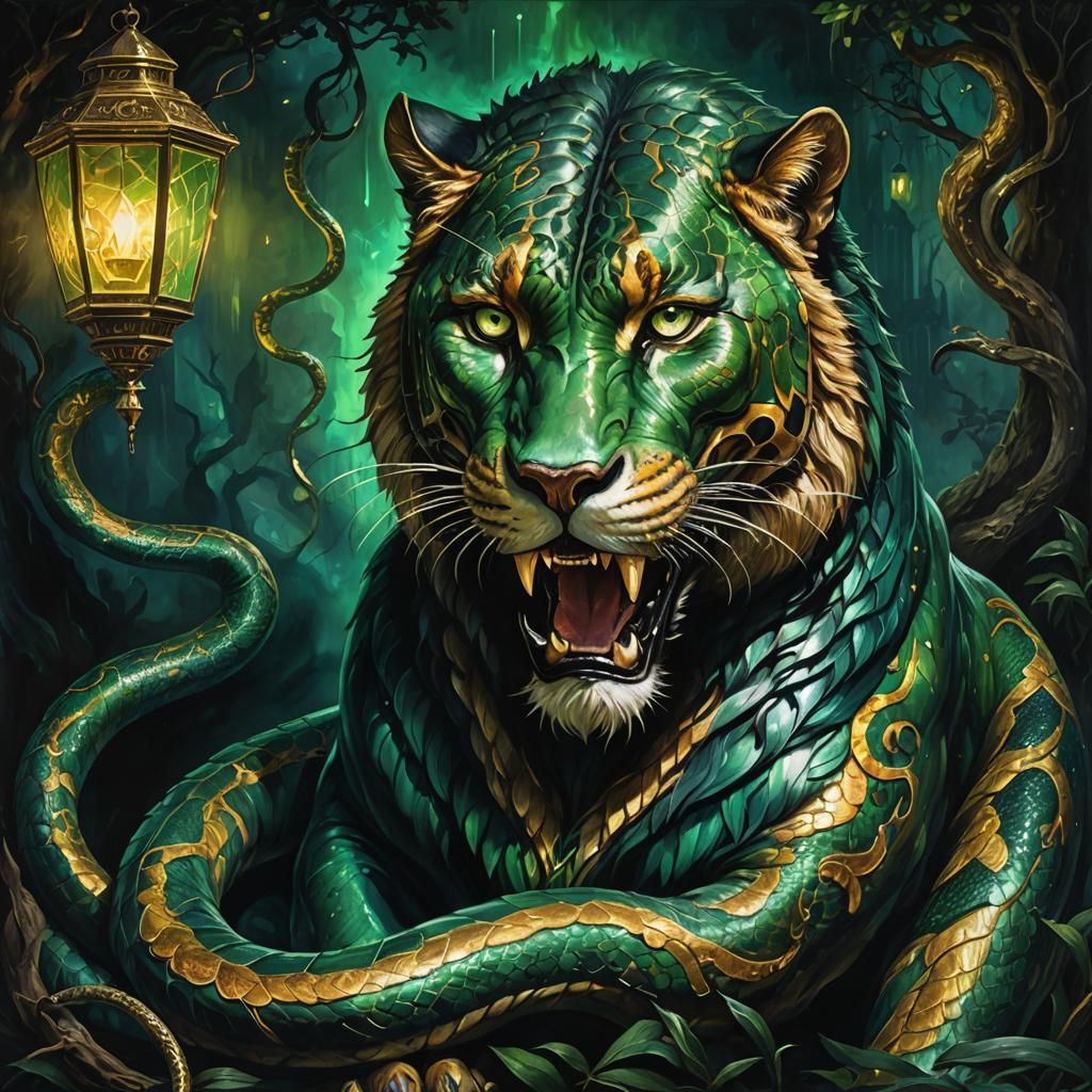 Hybrid Serpent-Panther in Titian-esque Oil Painting