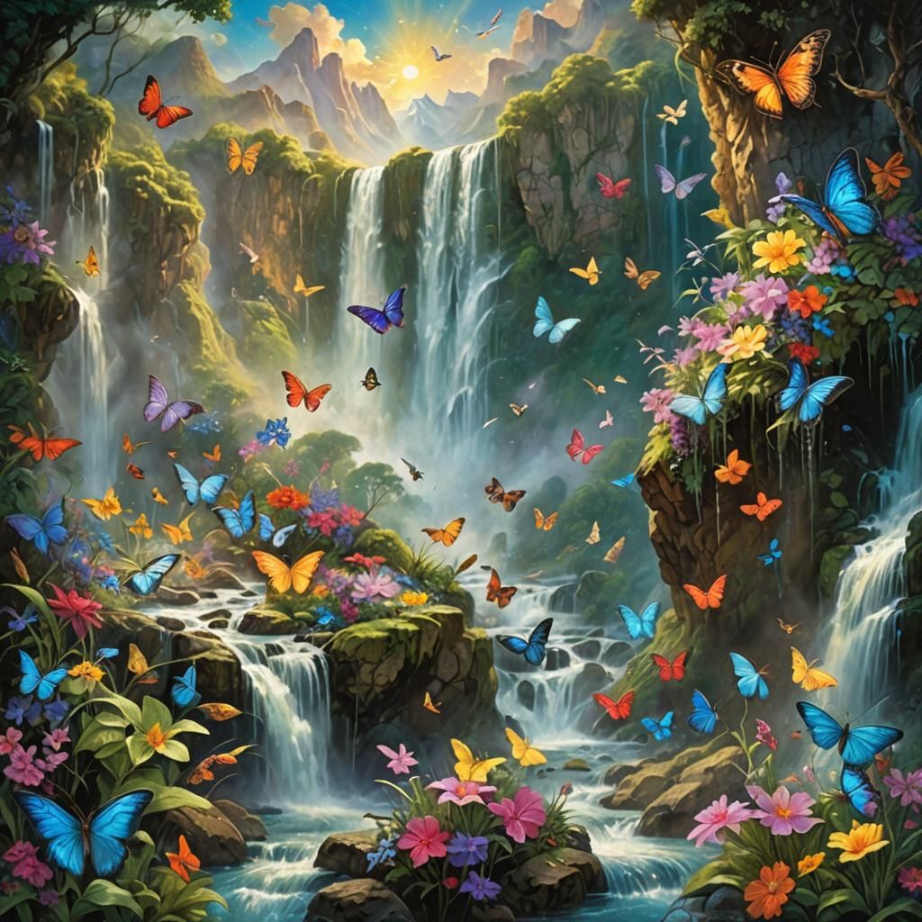 Fantasy Waterfall Scene with Birds and Butterflies