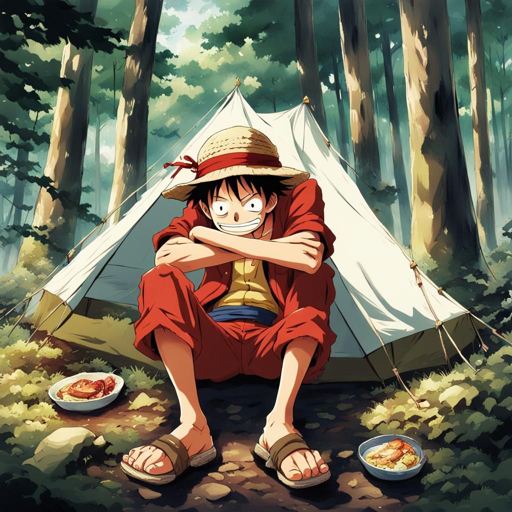 Luffy's Camping Adventure: Anime-Style Tent Mishap
