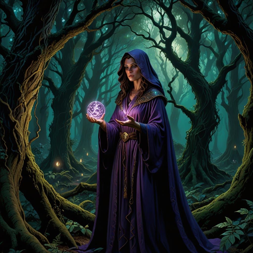 Dark Fantasy Sorceress Holds Magical Orb in Ancient Forest