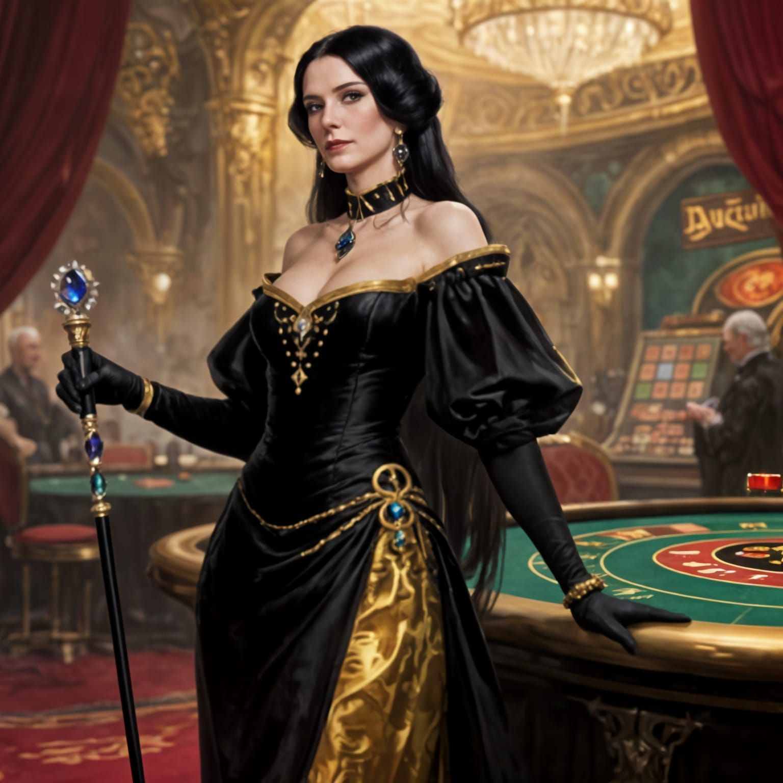 Elderly Courtesan in Black and Gold Gown in Medieval Casino