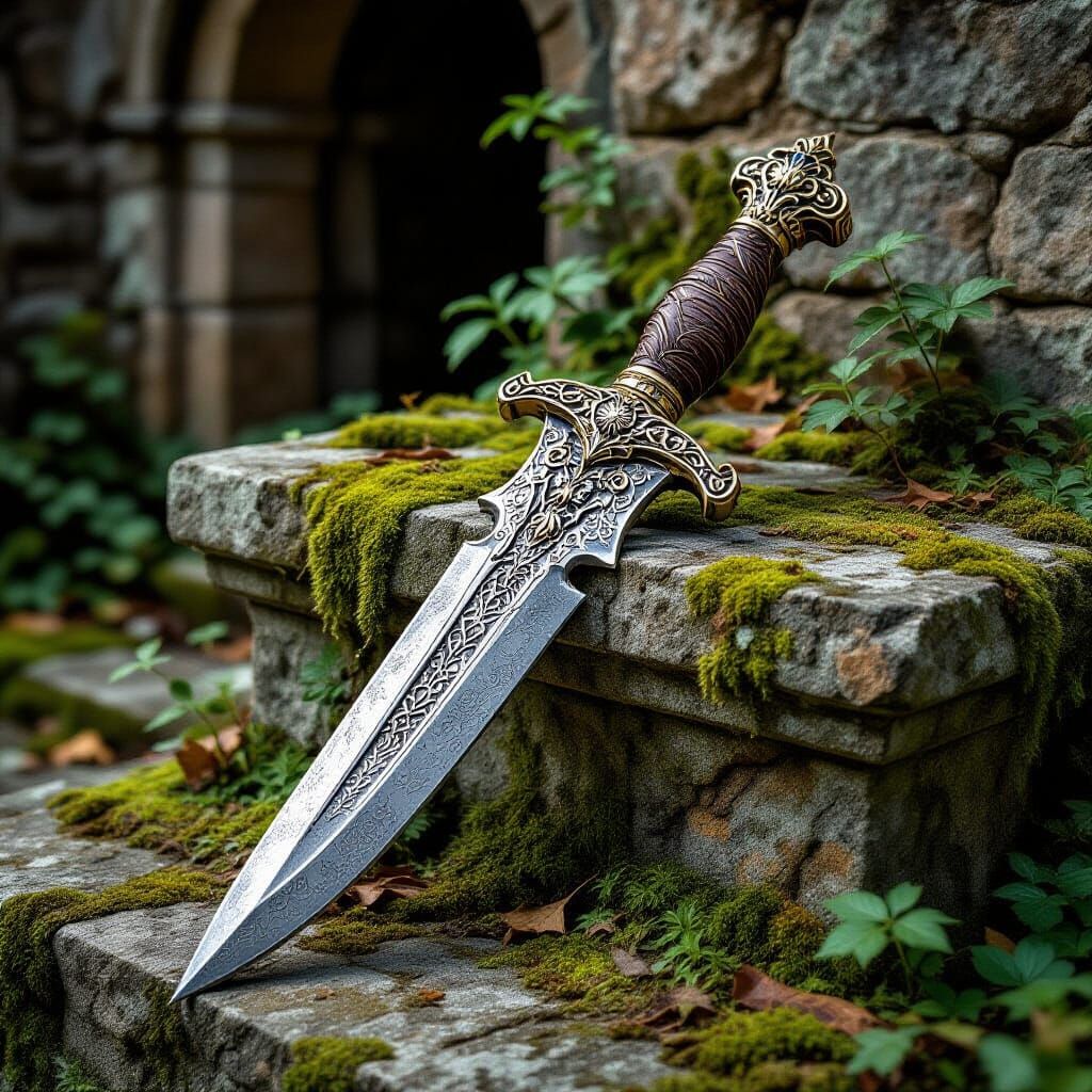 Ornate Dagger in Overgrown Castle Courtyard Altar