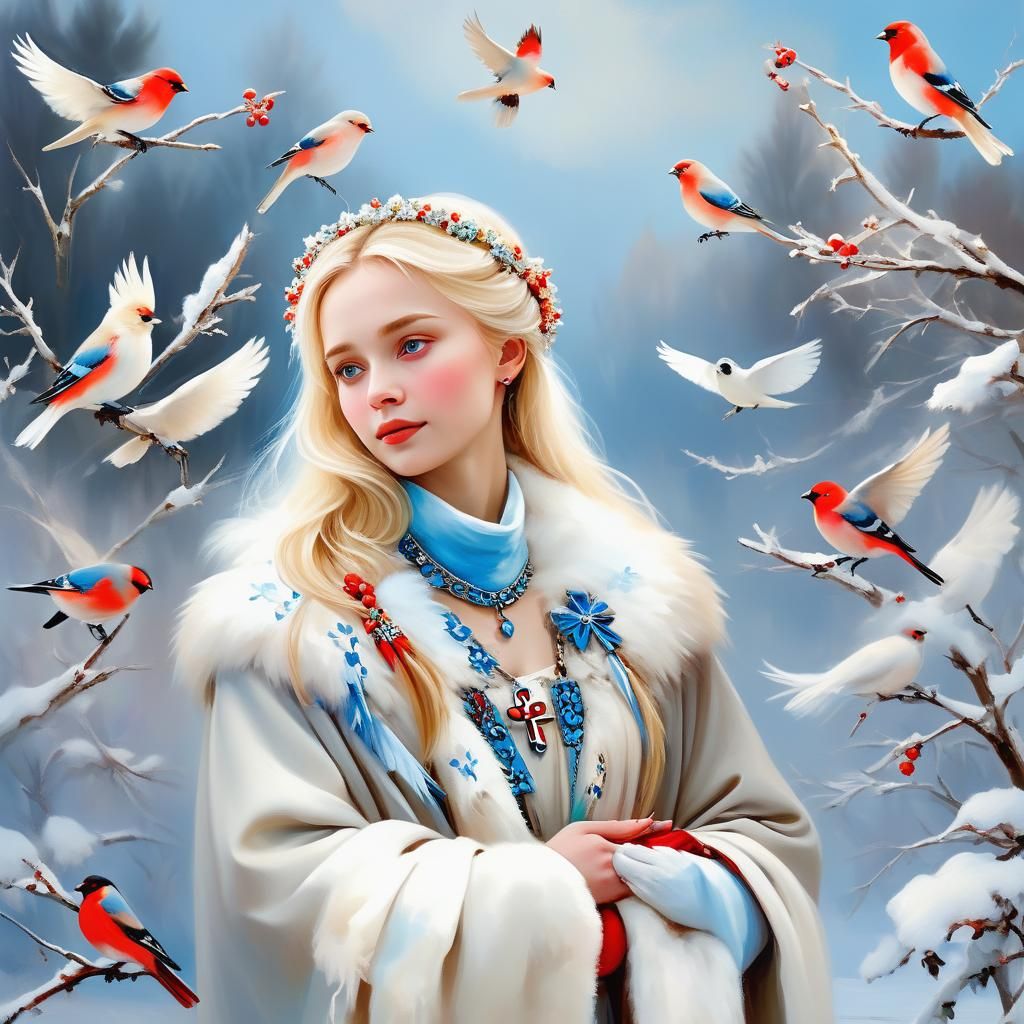 Angelic Russian Blonde with Bullfinches in Winter