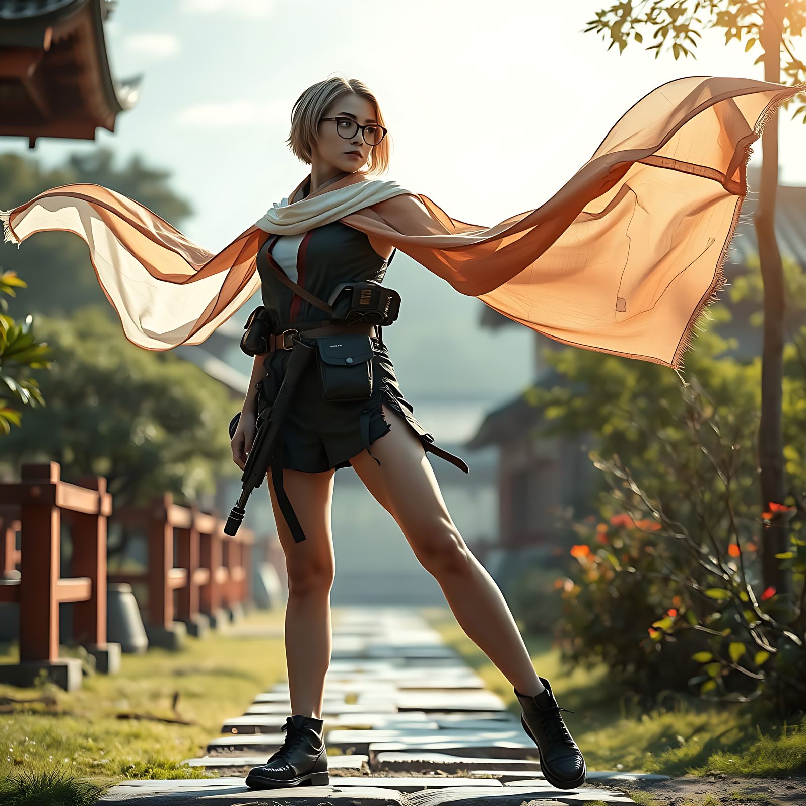 Elegant Warrior Lost in Serene Japanese Garden