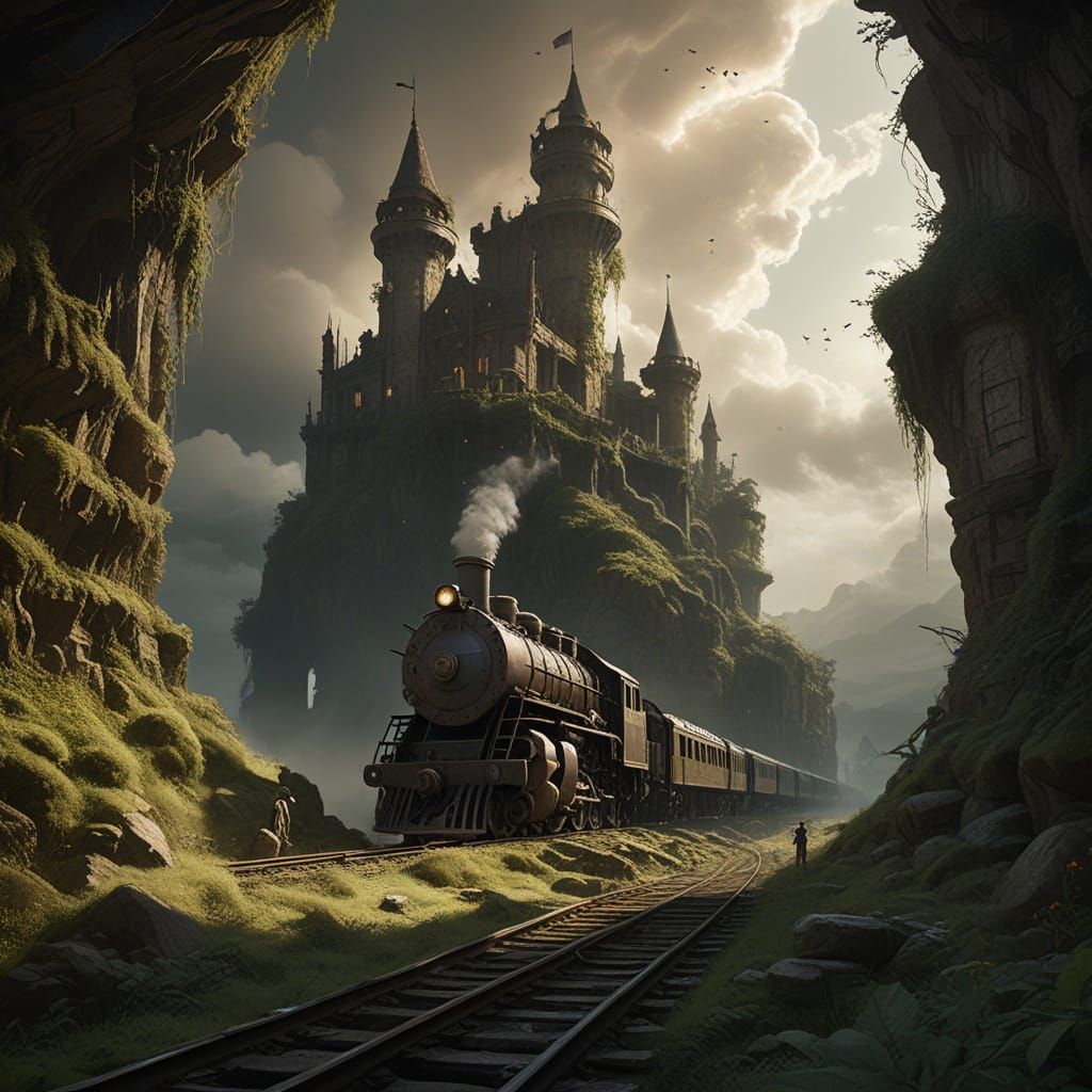 Ancient Castle Reclaimed by Nature Under Nebula Sky