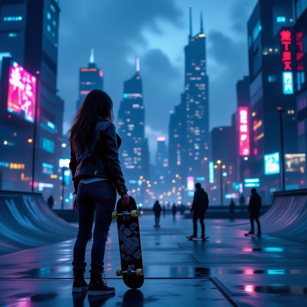Cyberpunk Skater Girl at Dusk in Urban Skatepark