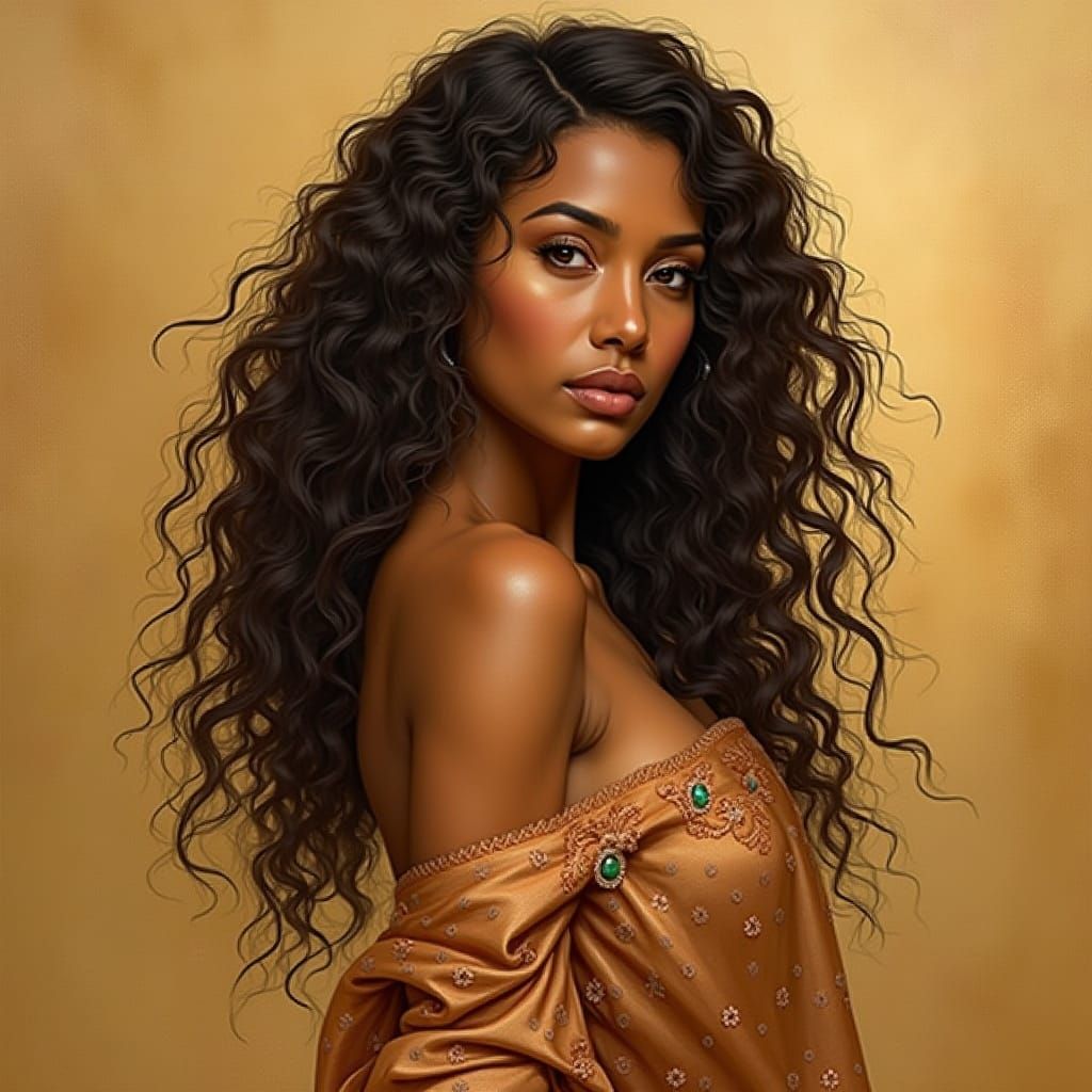 Woman in Earth-Toned Embroidered Gown with Rich, Dark Curly ...