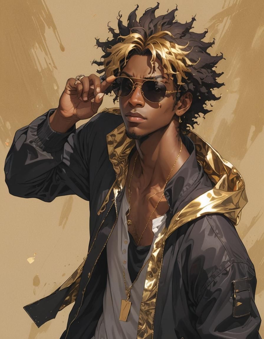 Cool Black Man with Golden Eyes in Anime Style