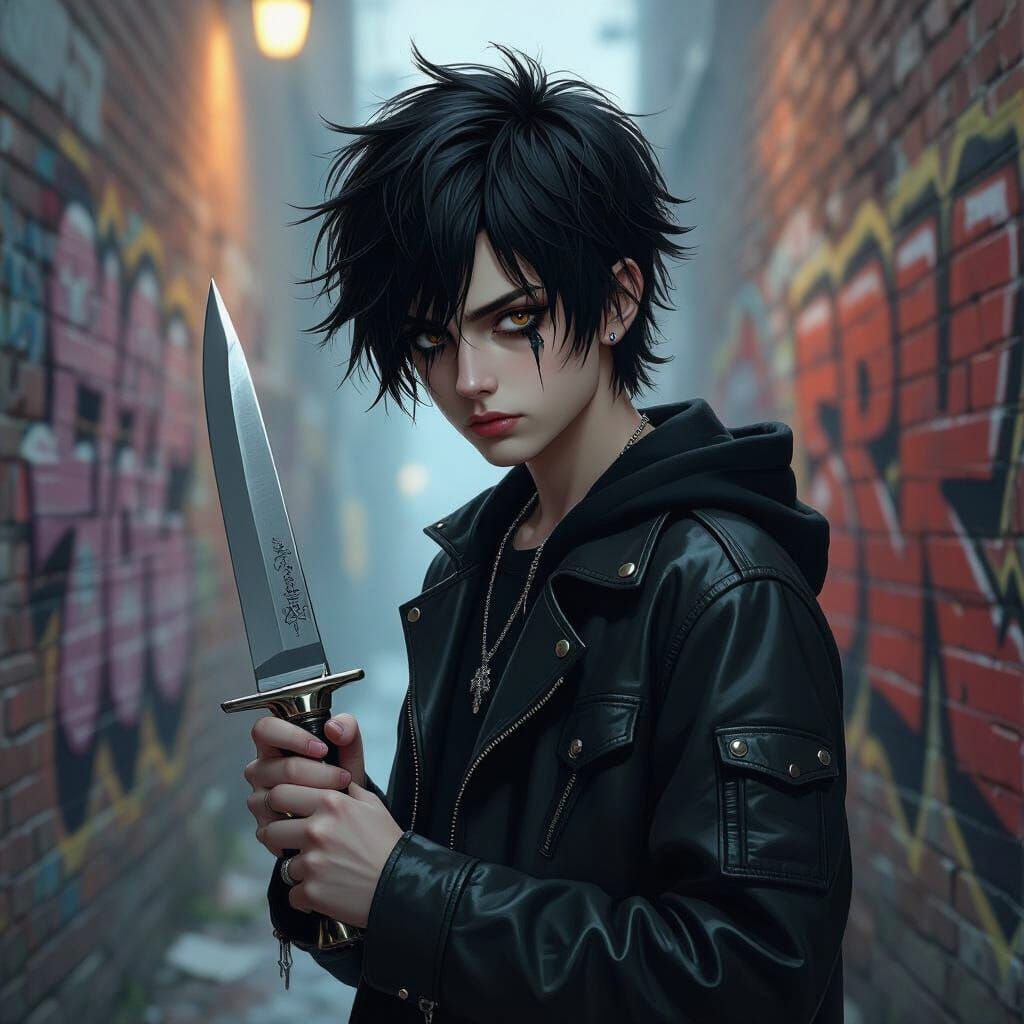 Emo Boy with Gleaming Knife in Dim Alleyway