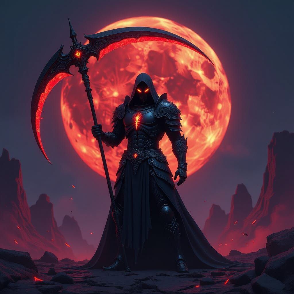 Demon Reaper with Fiery Ribcage and Obsidian Armor