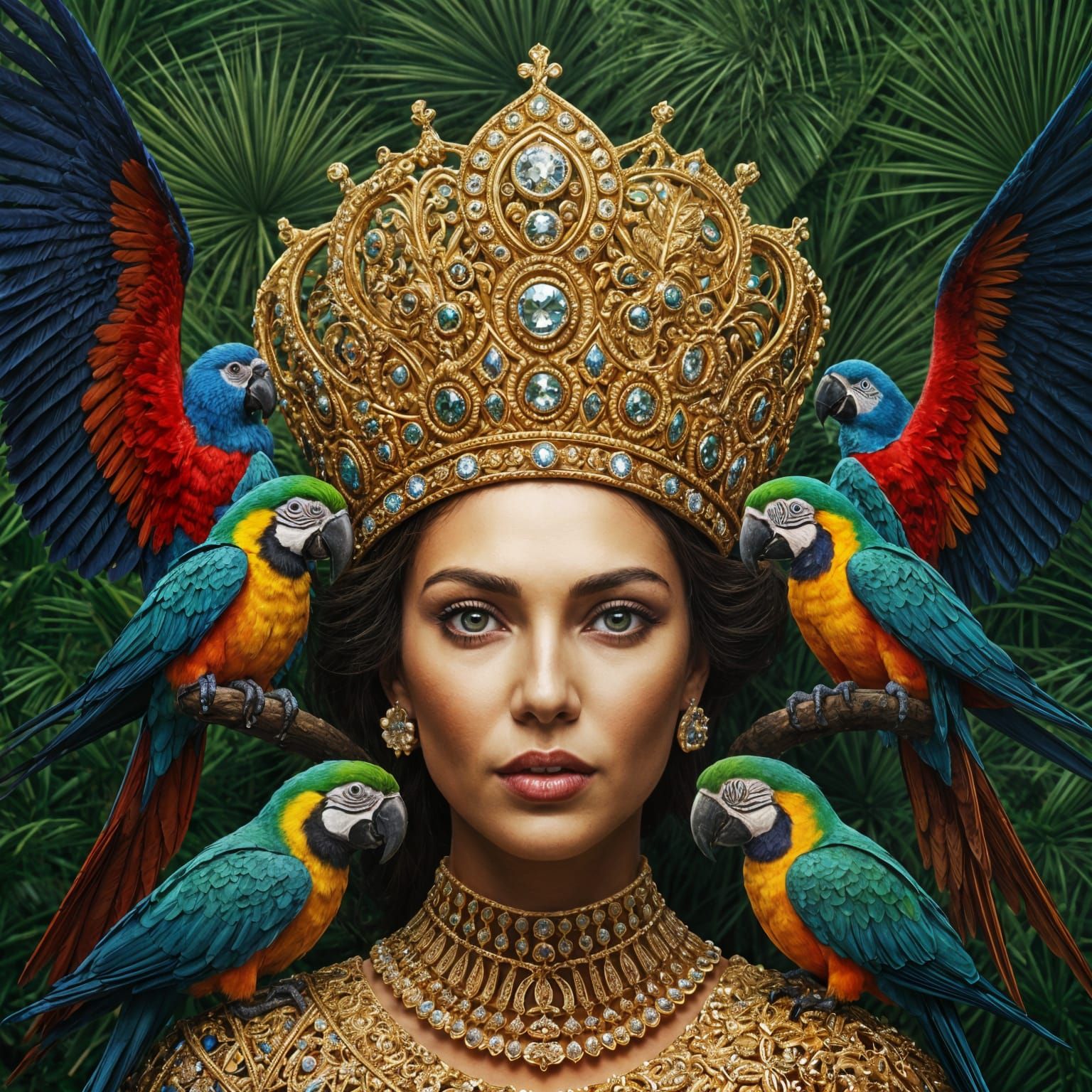 Queen with Jeweled Crown and Parrots