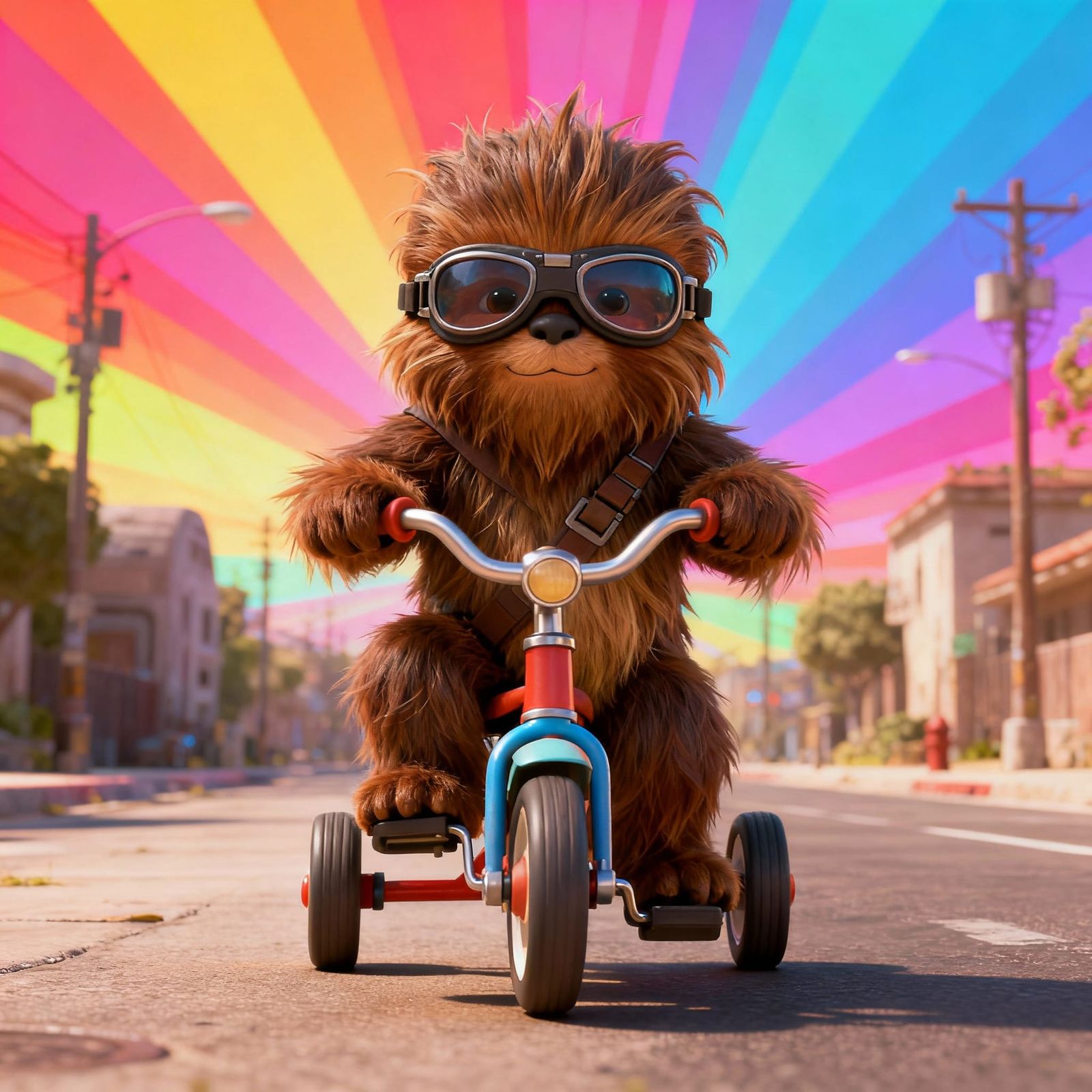Adorable Wookiee Rides Tricycle in Pixar Style CGI