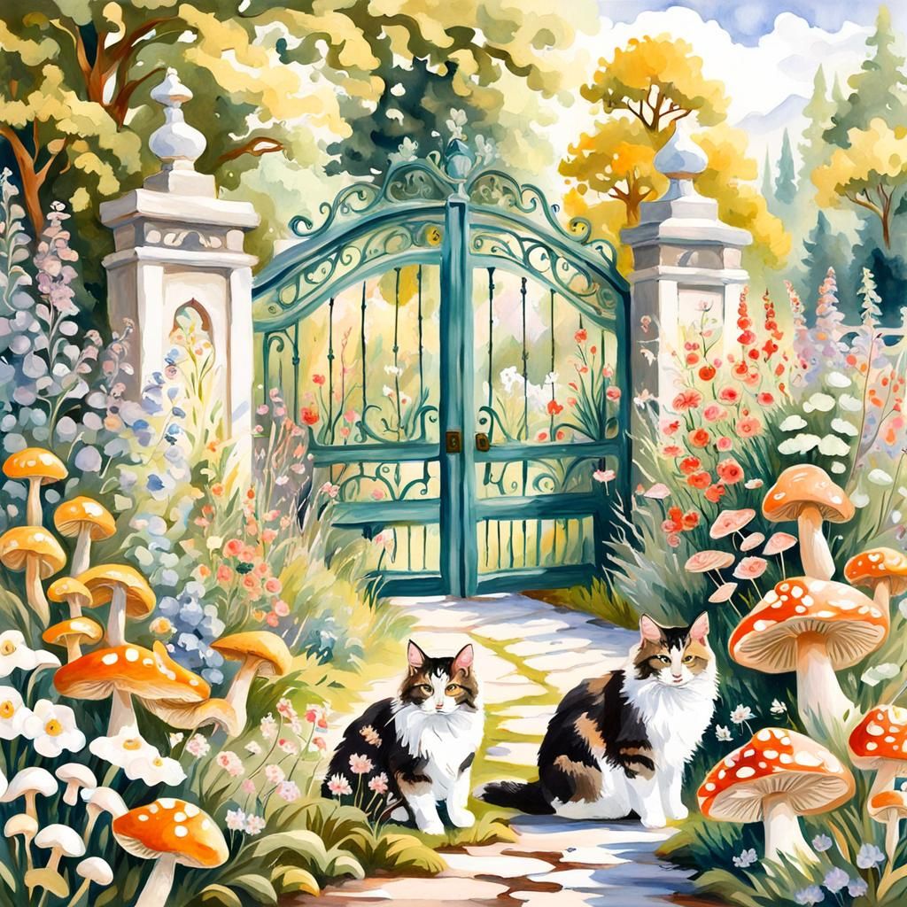 Country Garden with Cats: Gouache Watercolor Impression