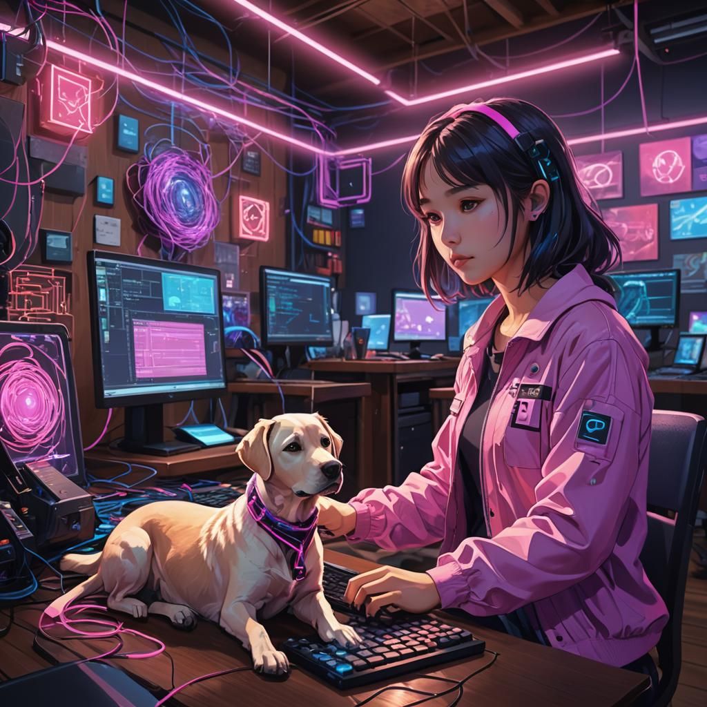Anime Coding Girl with Labrador in Tech Lab