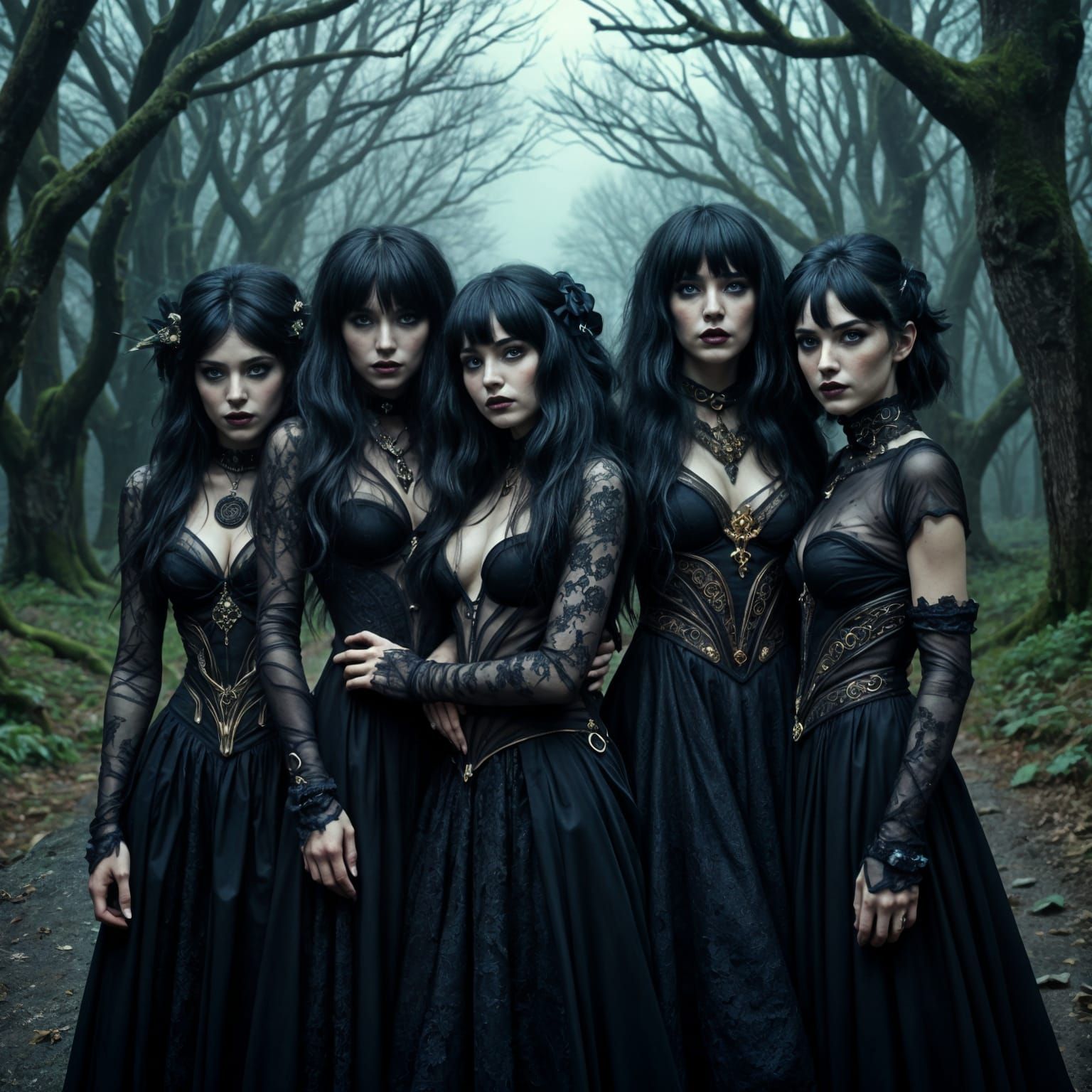 Gothic Women in Moonlit Forest, Cinematic Noir