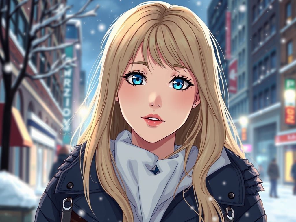 Blonde Madison Beer in Snowy Anime Cityscape