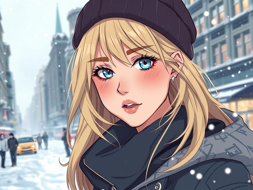 Winter City Anime Portrait of Blonde Girl