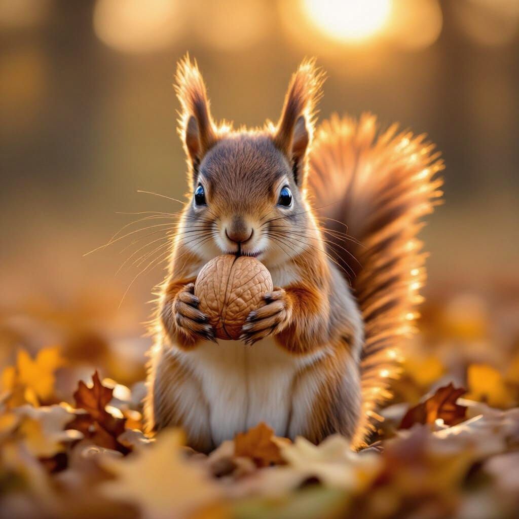 Cute Red Squirrel With Walnut In Autumn Golden Hour