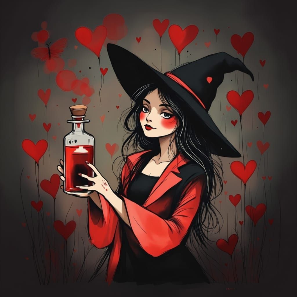 Witch Holds Love Potion with Googly Eyes and Hearts