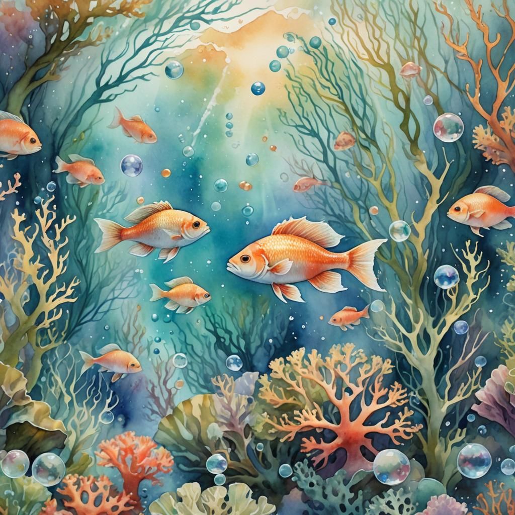 Fish Swimming in Coral Reef Watercolor Painting