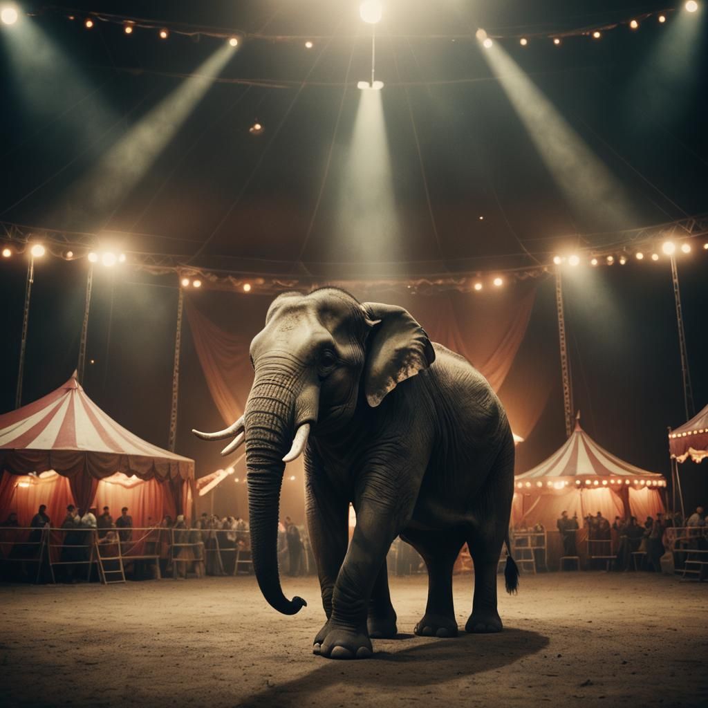 Circus Elephant in Spotlight: Cinematic Film Still
