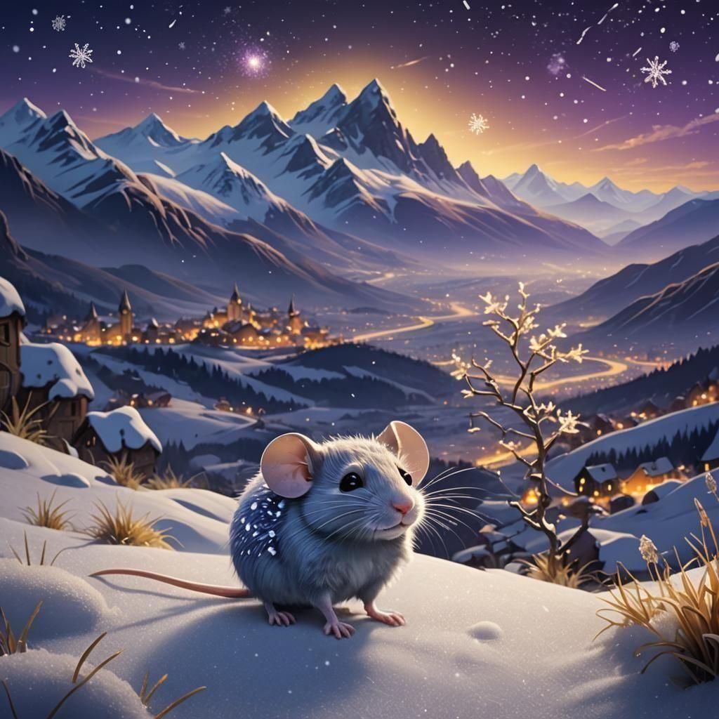 Cartoon Mouse in Snowy Valley at Night