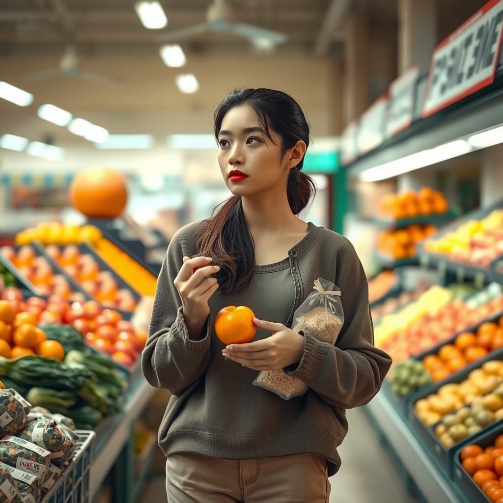 Woman Surrounded by Fruits and Vegetables in a Modern Market