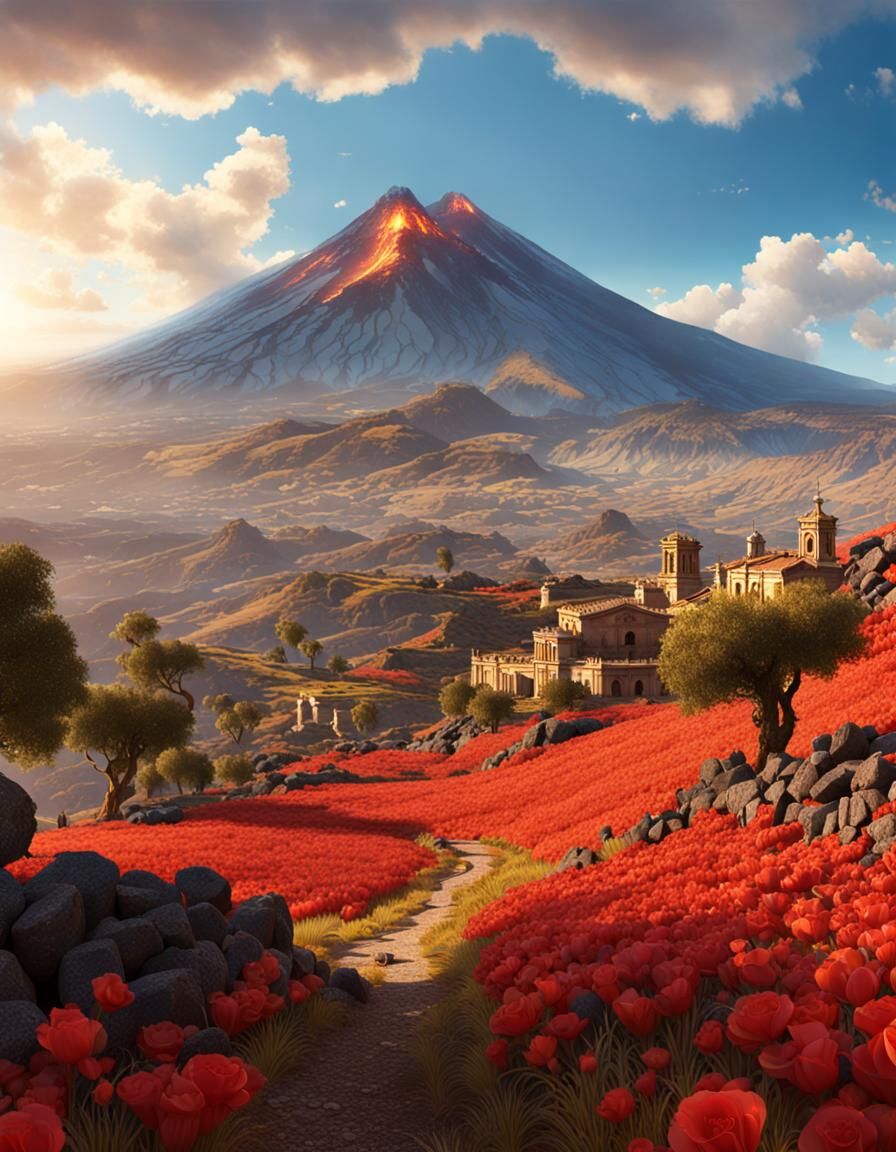 Sicilian Landscape with Mount Etna, Matte Painting