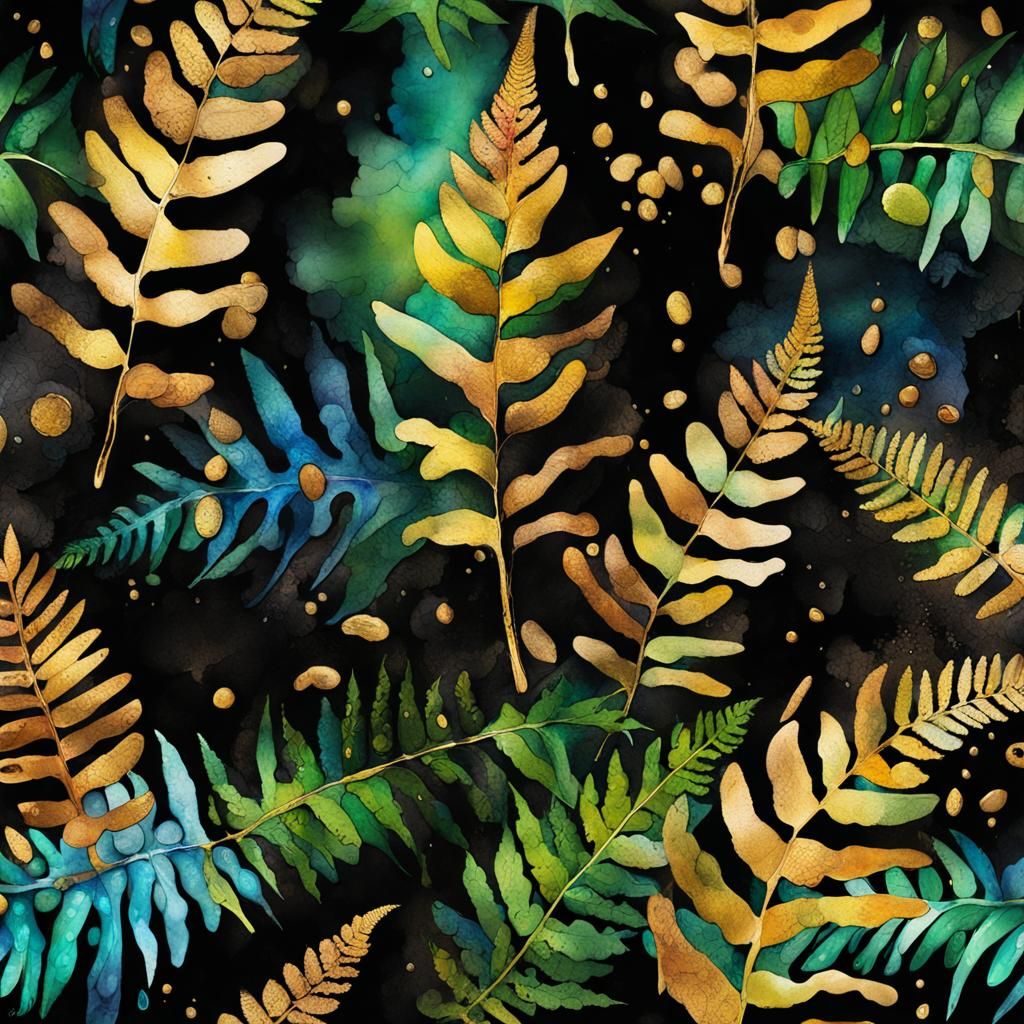 "A vibrant alcohol ink with oil art of a dramatic  Many Fern...