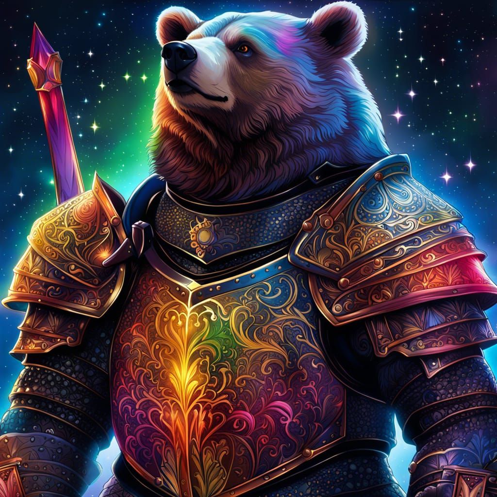Obese Bear Knight with Rainbow Armor and Constellations