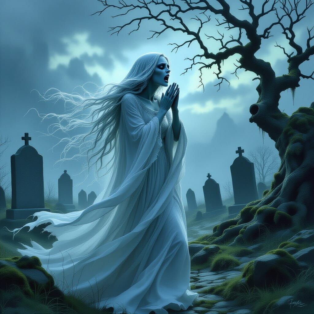 Spectral Banshee Wailing in Ancient Graveyard
