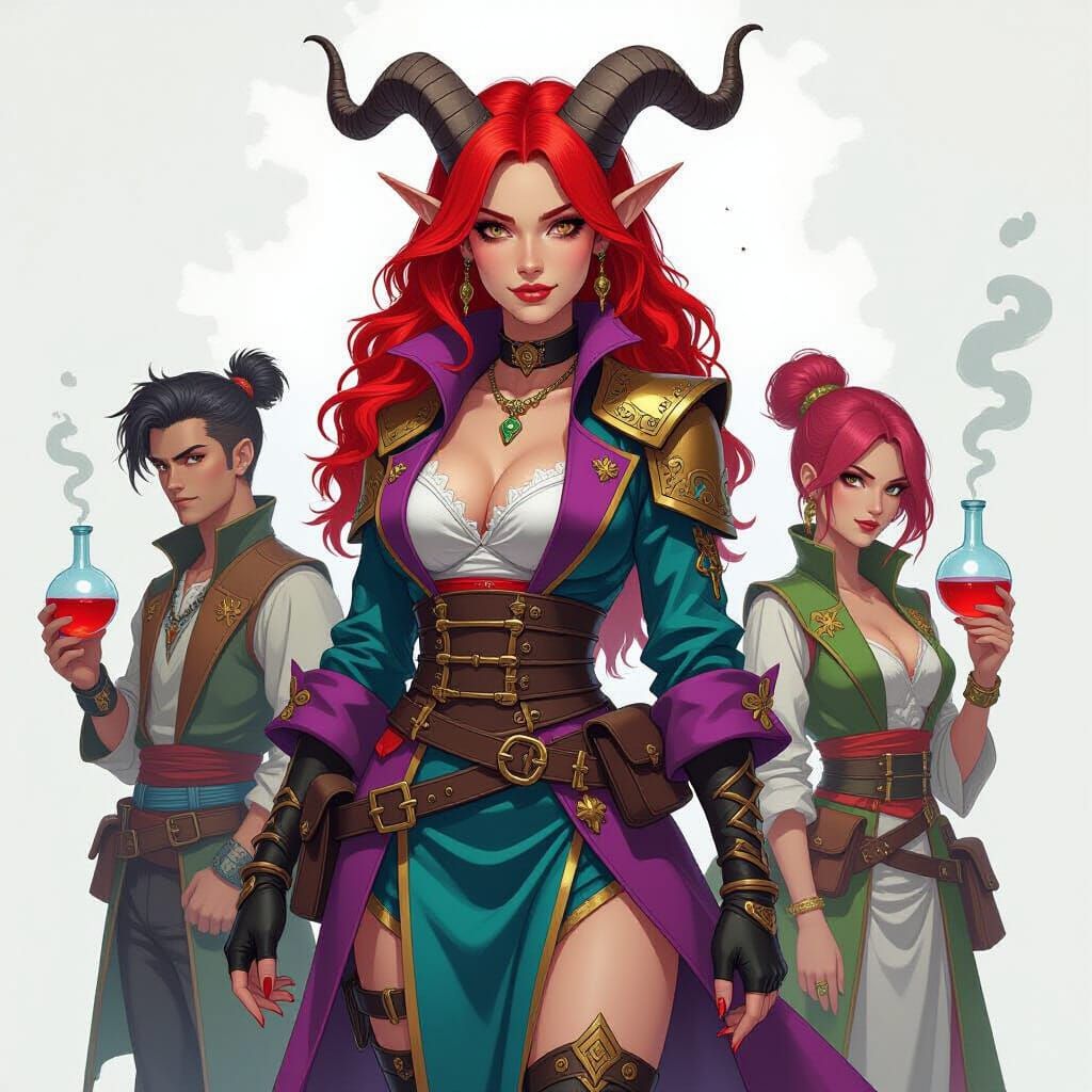 Tiefling Alchemist with Companions in Digital Painting Style