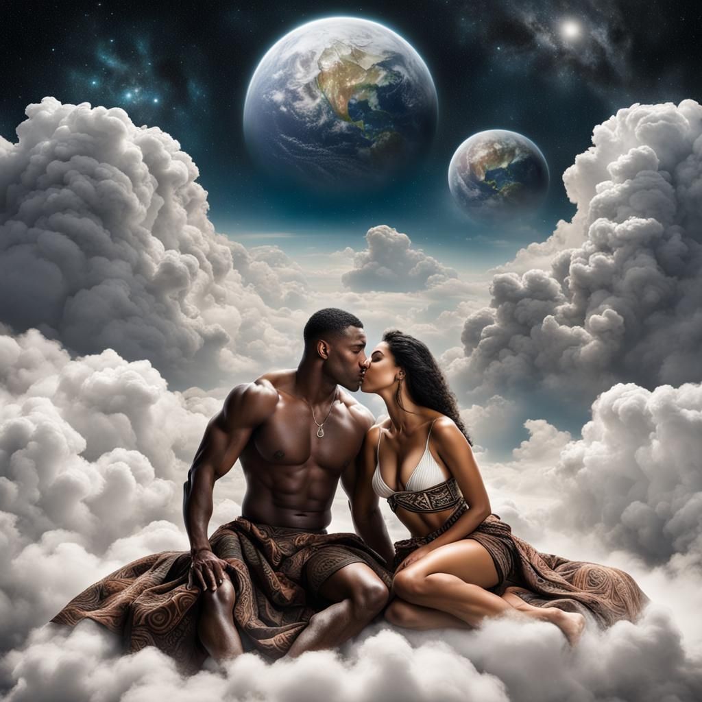 Latina Woman and Black Man Kissing on Clouds