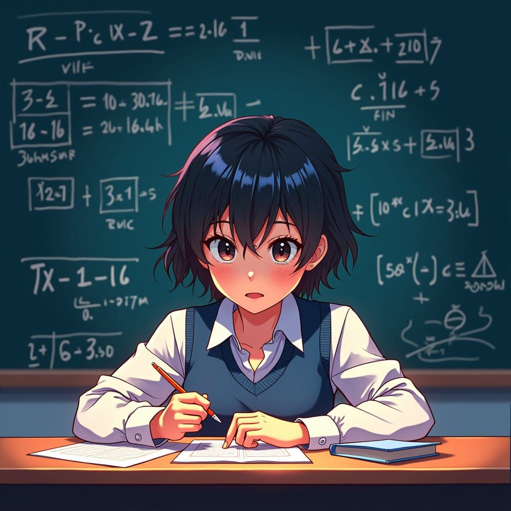Anime Student Concentrating on Math Equations