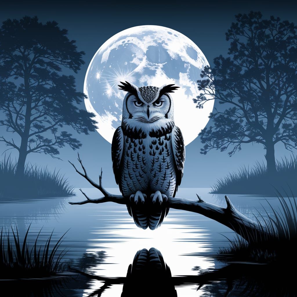 Eagle-Owl Silhouette in Moonlit Gouache Style